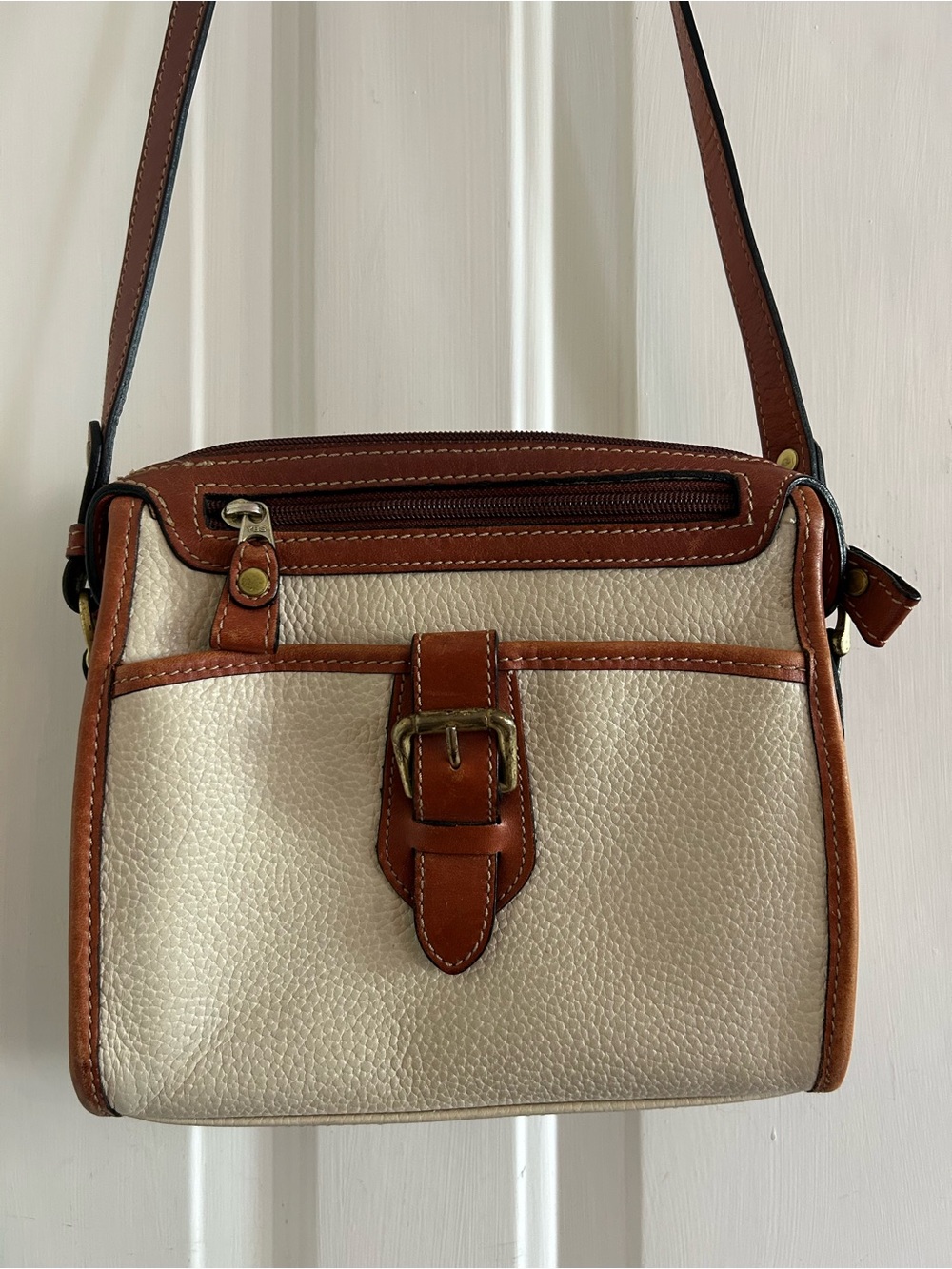 VINTAGE Cream and Brown Two-Tone Leather Crossbody Bag with Buckle Detail